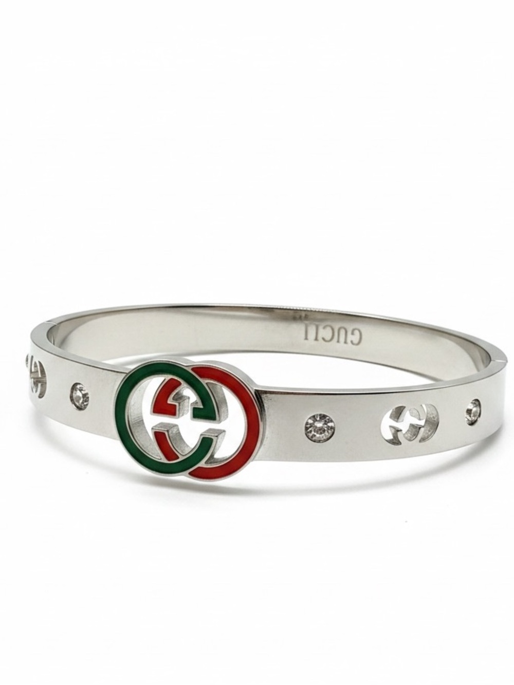 Designer Silver-Tone Enamel Double G Bangle with Red & Green Accents new